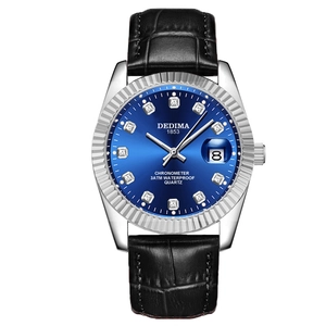 Luminous quartz watch for men with blue sunray dial and black crocodile leather strap