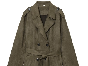 Detail of olive green suede trench coat with double-breasted buttons and belt decoration
