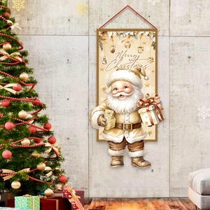 Drapeau Suspendu De Noël Père Noël Tissu Polyester Bannière De Porte Décoration De Fête Extérieure Style Vintage Joyeux Noël