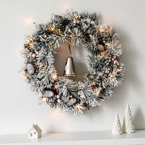 LED Christmas Wreath Garland Flocked Pine Needles Pine Cones Berries Bells For Holiday Home Party Shop Window Decor