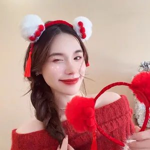 Red White Plush Ball Headband With Long Tassels Velvet Chinese Style New Year Holiday Hair Accessories For Women Girls