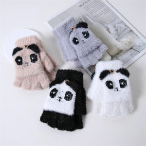 Detailed view of kids knit gloves featuring panda designs in beige, grey, black, and white