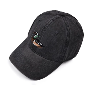 Vintage dark grey washed cotton baseball cap with pixel art duck embroidery on the front