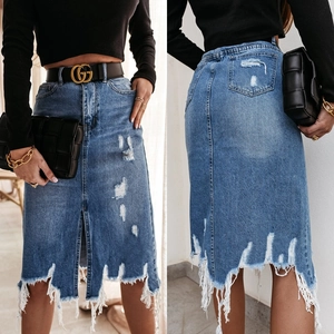 Gonna Di Jeans A Vita Alta Da Donna Strappata Lunghezza Media Orlo Irregolare Con Nappine Spacco Frontale Street Style