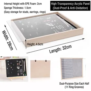 Solid wood jewelry display case with acrylic lid for rings and necklaces on white background