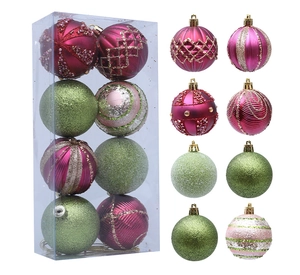 Set of 8 pink and green Christmas ornaments with glitter and beaded textures in a clear box
