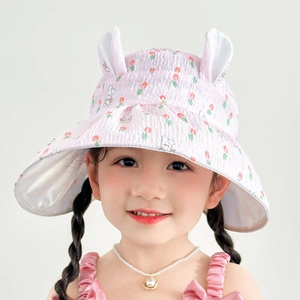 Pink kids summer sun hat with cute rabbit ears and tulip prints for UV protection