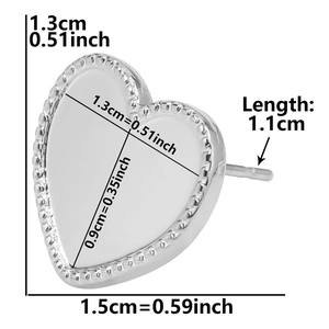 Detailed size chart of a silver heart-shaped stainless steel stud earring with dimensions