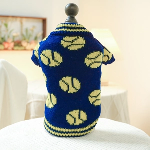 Detailed knit texture and yellow tennis pattern on navy blue pet sweater
