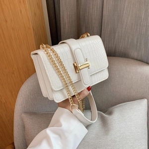 Women Shoulder Crossbody Bag PU Leather Crocodile Pattern Gold Chain Strap Retro Fashion Square Flap Handbag