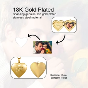 Detailed views of 18K gold plated heart locket pendant showing open and closed states