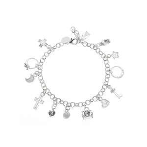 Silver charm bracelet featuring cross, star, and heart pendants on white background