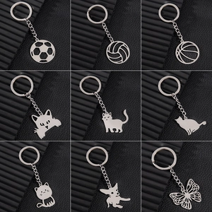Stainless Steel Keychain Sports Football Volleyball Basketball Cat Animal Butterfly Cross Pendant Hollow Out Key Ring