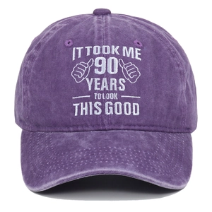 Distressed cotton baseball cap in deep purple with 90th birthday embroidery and thumb icon