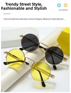 Detail of vintage round steampunk sunglasses with metal spring hinge temples and dual lenses