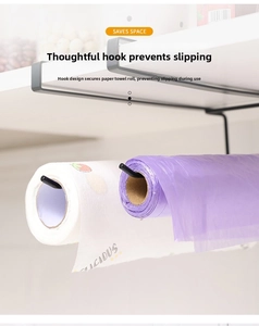 Space-saving under-cabinet double hook holder showing paper towels and plastic bag rolls