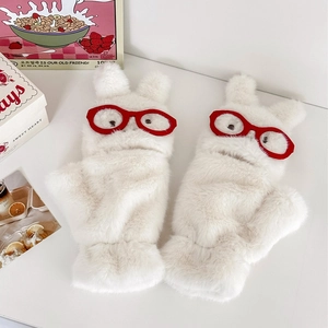 Süße weiße Plüsch-Fäustlinge mit Hasen-Design, roter Brille und dickem Fleecefutter