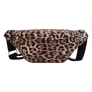 Fashionable leopard print waist bag with golden metal zippers and adjustable black strap