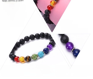 Macro shot of colorful chakra beads and black lava stones with size detail description