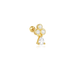 Detail of s925 silver gold-plated stud earring with star zircon cluster and teardrop charm