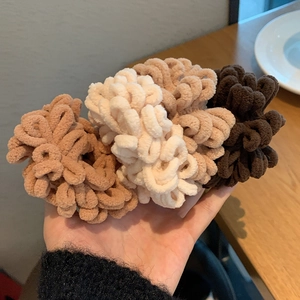 Three-piece set of plush chenille hair scrunchies in cream and brown earthy tones