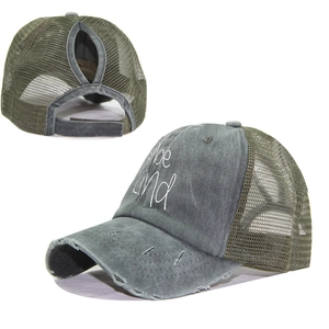 Detail of army green ponytail mesh cap with be kind embroidery and adjustable strap