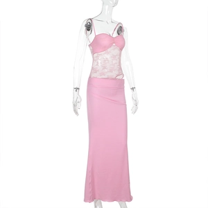 Detail of pink lace stitching on a fashion two-piece maxi skirt set for women