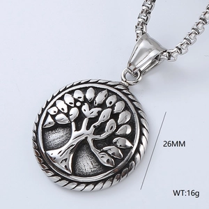 Vintage silver tree of life pendant necklace in stainless steel with 26mm round charm