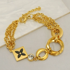 Chic multi-layer titanium steel bracelet with gold plating and black flower charm