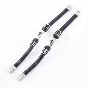 Bracelets minimalistes en cuir tressé noir avec ancre et croix en métal argenté