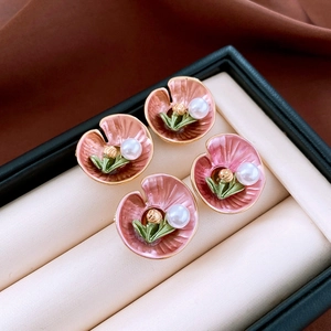 Pink Flower Lotus Leaf Stud Earrings Alloy Enamel Faux Artificial Pearl With 925 Sterling Silver Earring Post French Retro Style