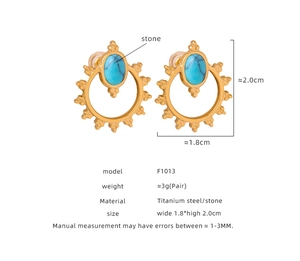 Detail view of gold geometric sunflower earrings with blue turquoise stones and size markings