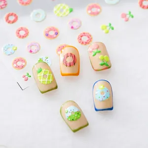 5D embossed donut nail stickers with cute fruit patterns on natural fake nails