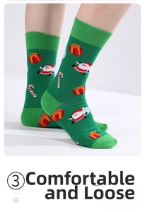 Detail of green Christmas mid-calf socks with Santa Claus patterns and reinforced green toe