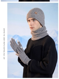 Detail of grey ribbed knit winter set with touch screen gloves and fleece lining