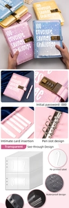 Detailed close-up of pink PU leather binder featuring a 3-digit combination lock and pen holder
