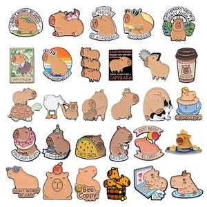 Variety set of cartoon capybara enamel pins featuring funny puns and cute animal designs