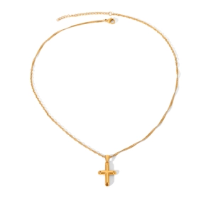 Detailed view of the 18k gold cross pendant with fine twisted rope chain on white background