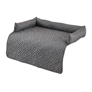 Waterproof dark grey quilted pet bed with raised bolsters and diamond pattern design