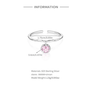 Detail view of S925 sterling silver ring with pink zircon pendant and dimensions