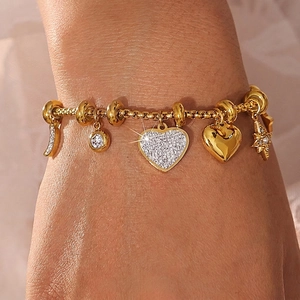 Heart Star Moon Pendants Bracelet Stainless Steel Zircon 18K Gold Plated Light Luxury Style For Women