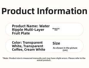 Detailed dimension guide for PET tiered fruit trays in clear white and cream finishes
