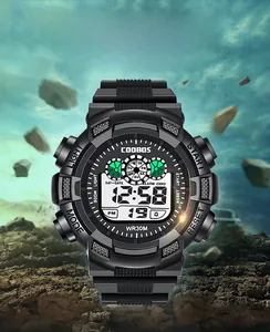 Outdoor digital sports watch with WR30M waterproof rating shown on rocky terrain