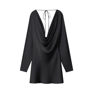 Robe Mini En Satin Pour Femmes Manches Longues Col Bénitier Col En V Profond Dos Nu Avec Lien Élégante Fête Clubwear