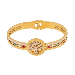 Bracciale bicolore Albero della Vita con zirconi colorati e finitura dorata su fondo bianco
