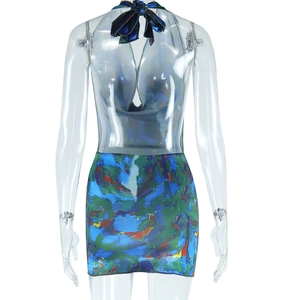 Detail view of abstract oil painting print dress with back lace-up design and open back