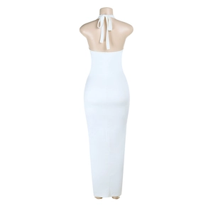 Close-up of the elegant white backless halter dress featuring a stylish tie-back design