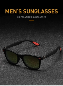 Top view of HD polarized sunglasses with matte black frame and red accents on grey background