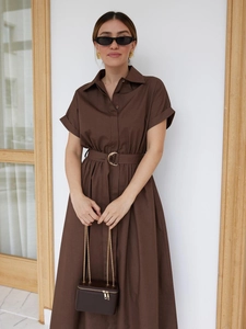 Detail of dark brown short sleeve dress featuring lapel collar and golden belt buckle