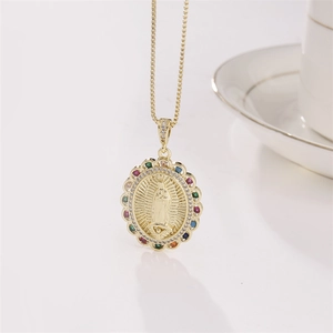 Classic gold plated oval Guadalupe necklace with multicolored cubic zirconia gemstones